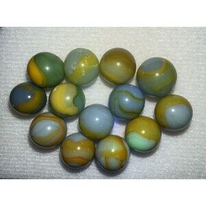 Vintage Akro Agate Slag Swirl Marbles - 13pc UV Reactive Oxblood Neon Orange